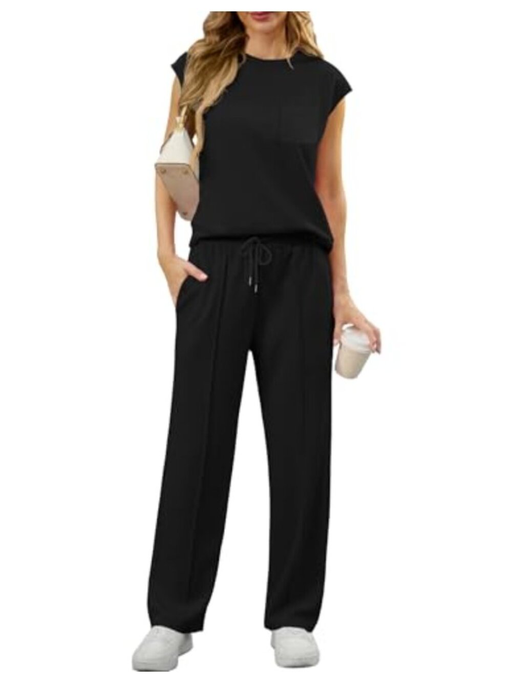 Womens 2 Piece Lounge Set Sleeveless Wide Leg Tracksuit with Pockets